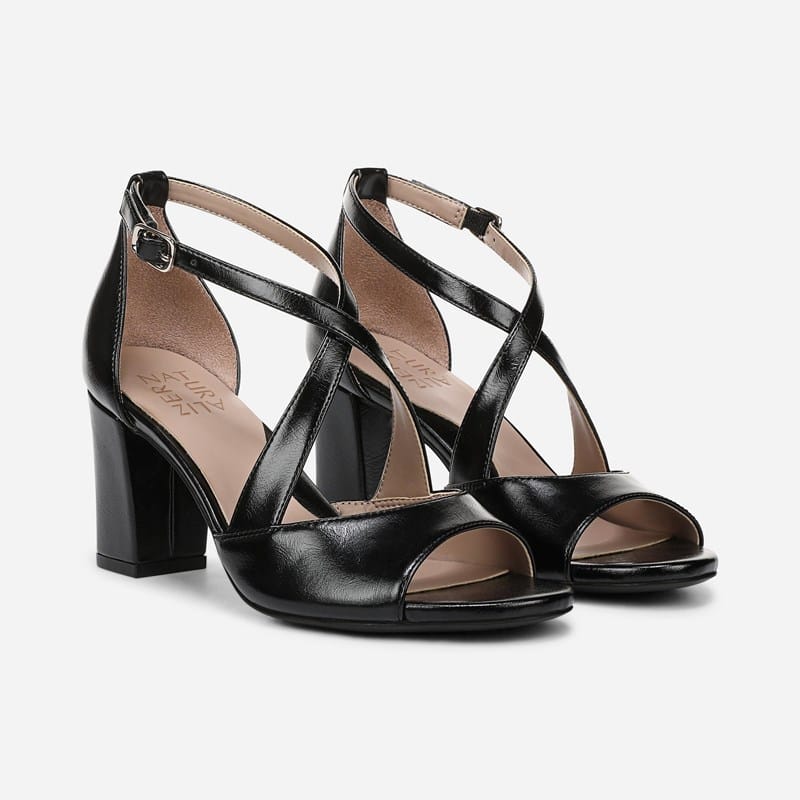 Naturalizer Hollis Strappy Sandals, Black Faux Leather, 9.5W Open Toe, Block Heels