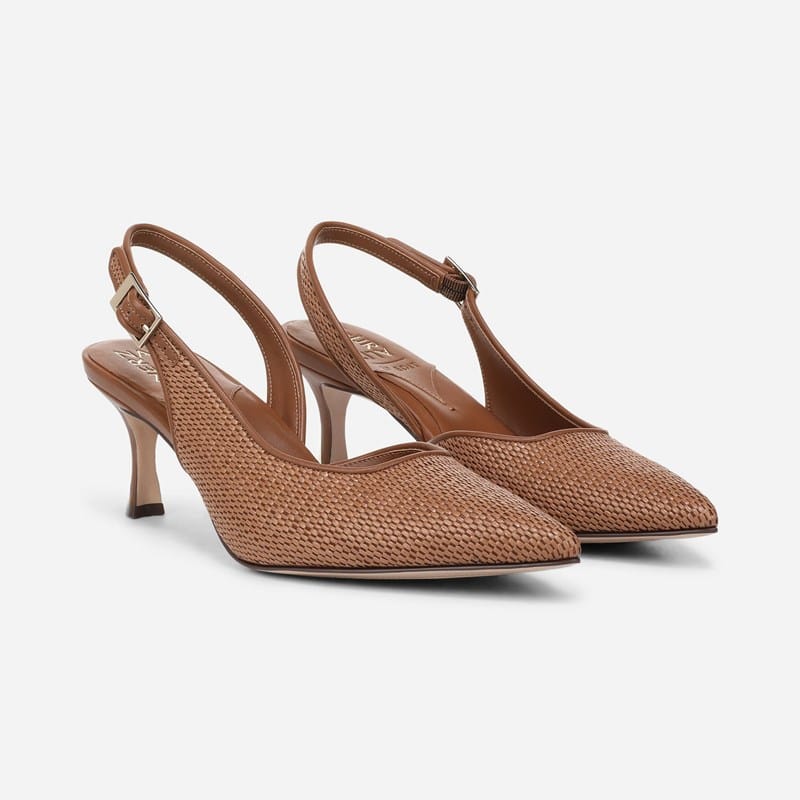 27 EDIT Felicia 5 Slingback Dress Shoes, Walnut Brown Faux Raffia, 9.5M Pointed Toe, Strap