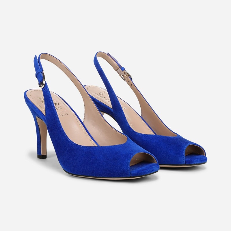 27 EDIT Alexa Dress Sandals, Photon Blue Suede Leather, 7.5M Strappy Style, Classic Pumps, Open Toe, Slingback Strap