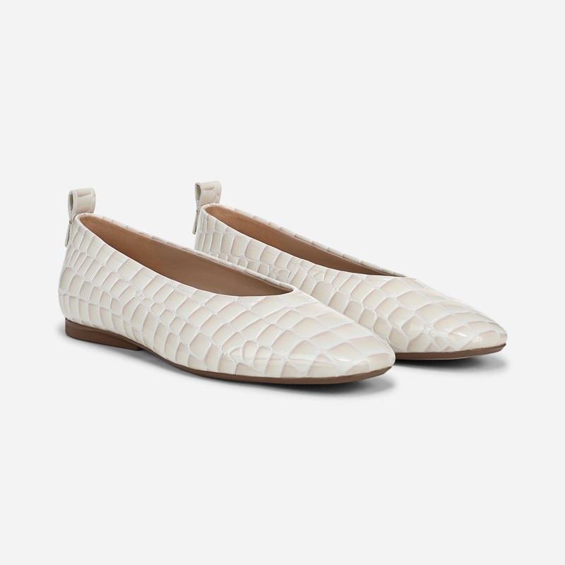 27 EDIT Carla Ballet Flat Shoes, White Croco Print Leather, 5.5M Slip-On Fit, Rubber Outsole