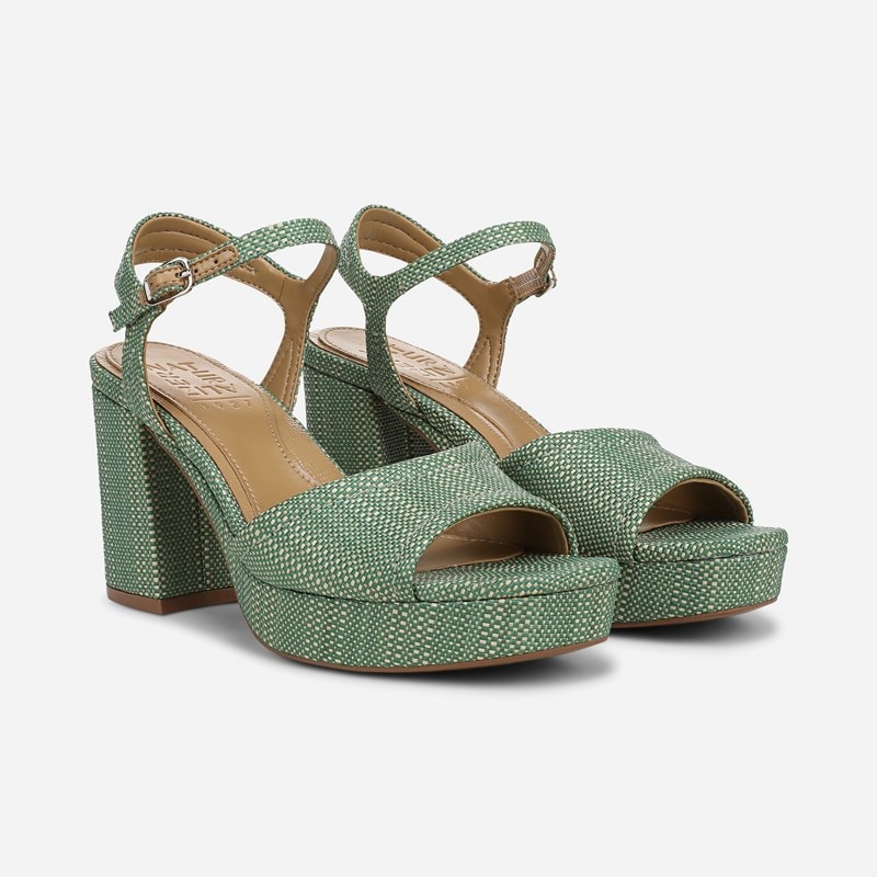 Naturalizer Petra Dress Sandals, Green Multi Faux Raffia Leather, 8.0M Strappy Style, Block Heels