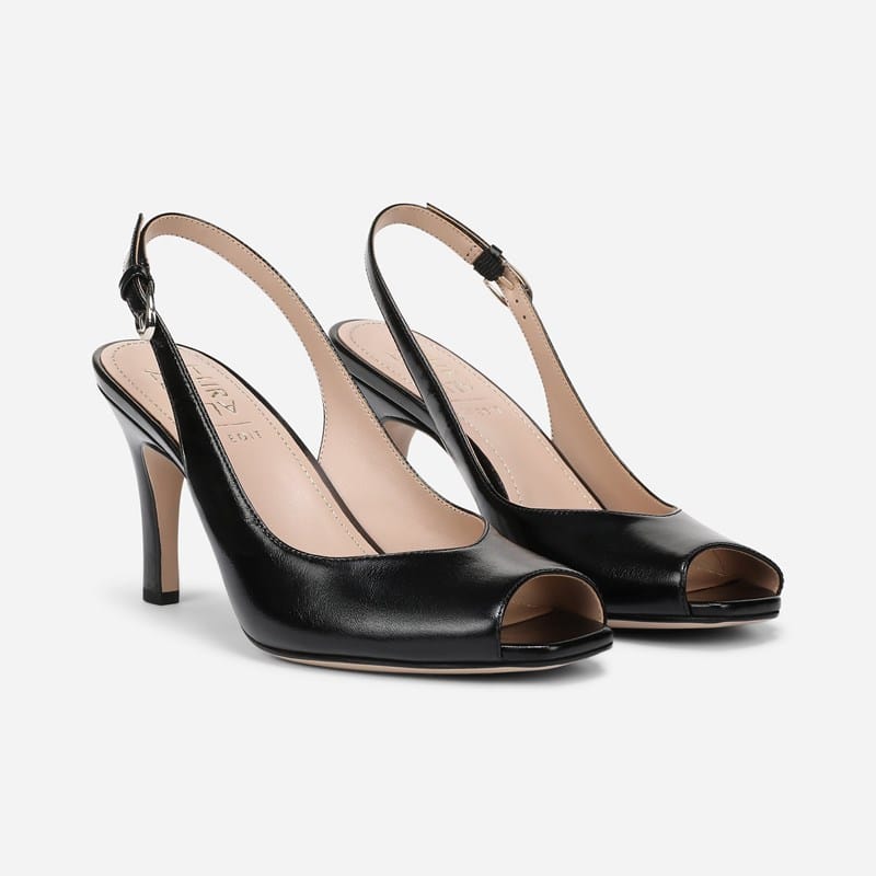27 EDIT Alexa Dress Sandals, Black Leather, 9.5M Strappy Style, Classic Pumps, Open Toe, Slingback Strap