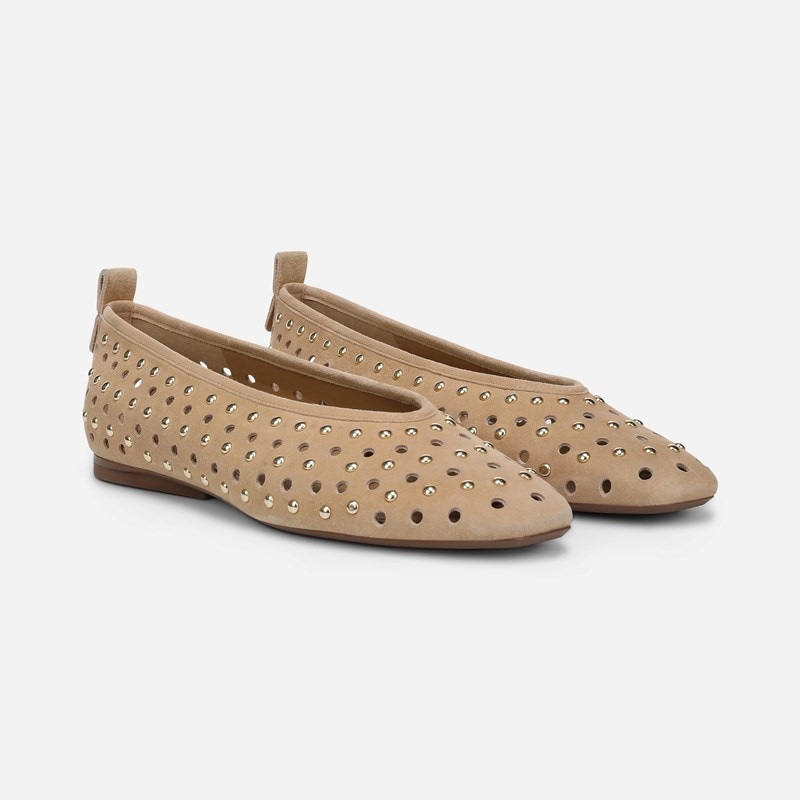 27 EDIT Carla Ballet Flat Shoes, Dune Tan Perforated Suede Leather, 8.0M Slip-On Fit, Rubber Outsole