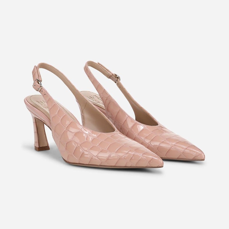 27 EDIT Elaine Slingback Dress Shoes, Pink Croco Print Leather, 9.5M Pointed Toe, Strap, Rubber Outsole