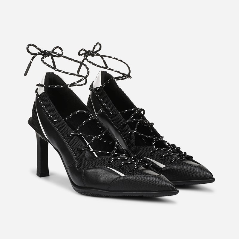 Naturalizer Zyra Lace Up Dress Pump Shoes, Black Mesh / Leather Fabric, 5.0M Pointed Toe