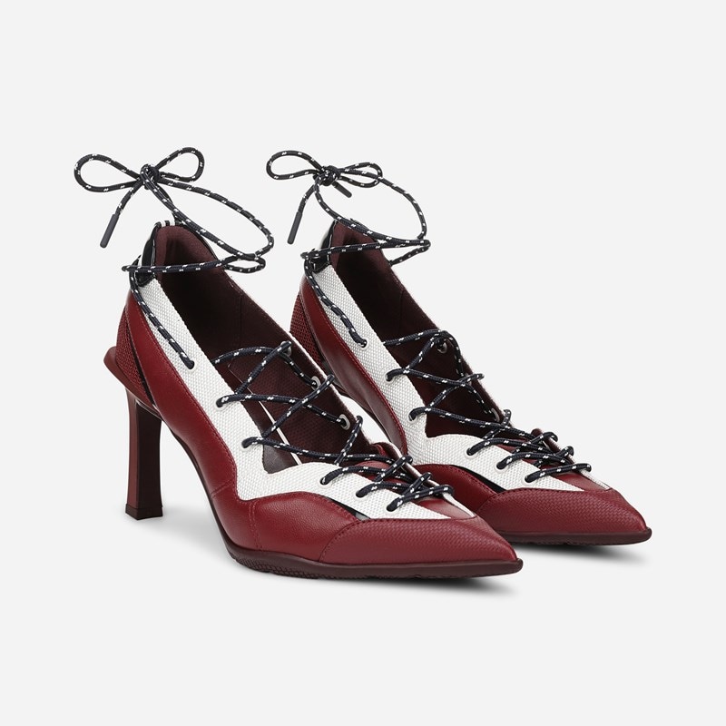 Naturalizer Zyra Lace Up Dress Pump Shoes, White Mesh / Wine Red Leather Fabric, 10.0W Pointed Toe