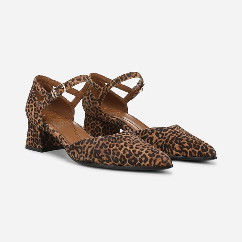Naturalizer Maddox Strappy Pump Shoes, Brown Leopard Print Suede Leather, 9.5W Pointed Toe, Block Heels
