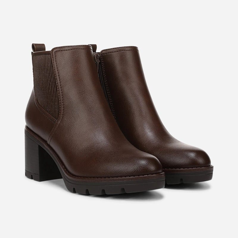 Naturalizer Madalynn Gore Water Repellent Bootie Boots, Dark Brown Faux Leather Microfiber, 8.5W Round Toe, Block Heels, Zip Closure