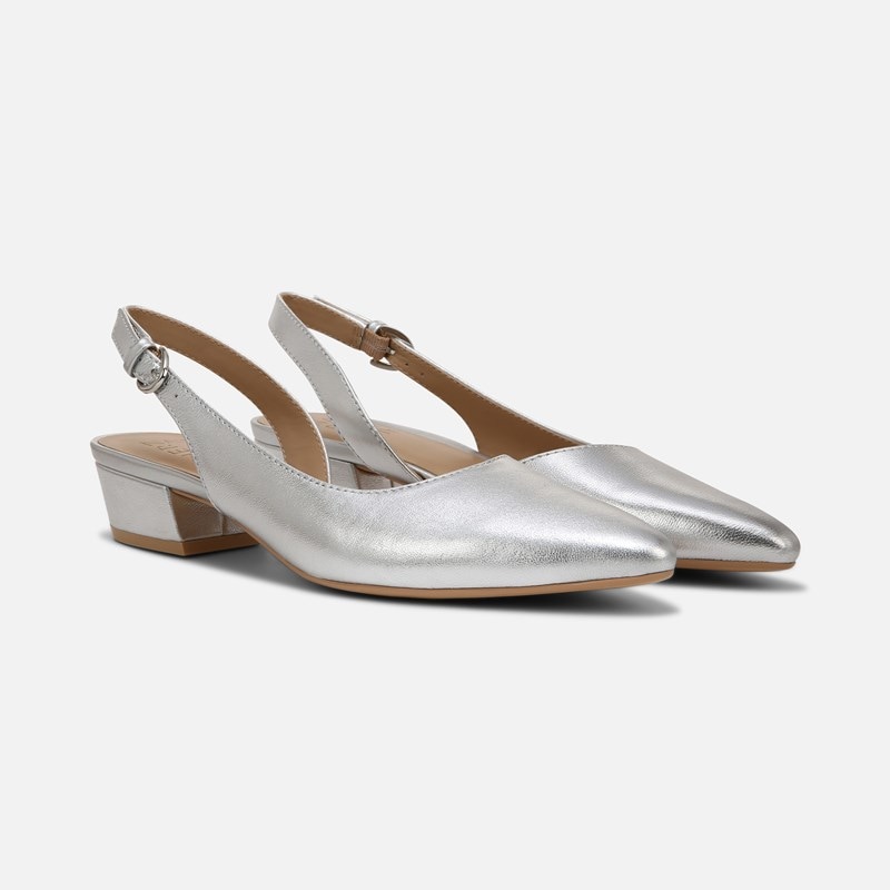 Naturalizer Banks Pointed Toe Flat Classic Pumps, Silver Leather, 8.0WW Toe, Block Heels
