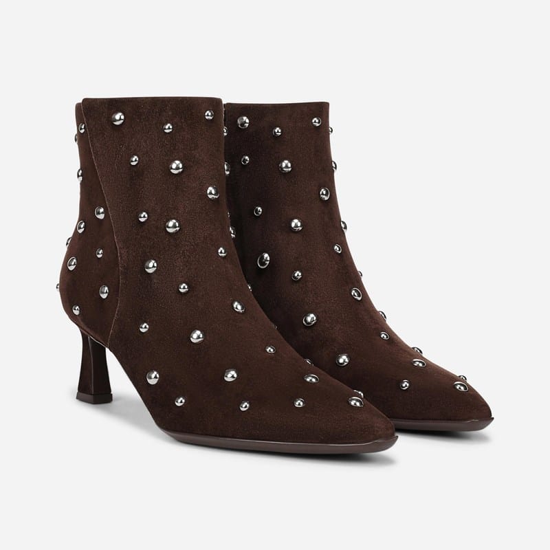 Naturalizer Deesha Bootie Boots, Chocolate Brown Studded Suede, 6.0M Pointed Toe