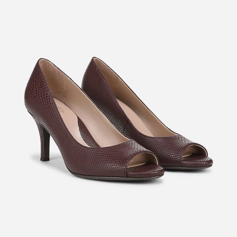 Naturalizer Locke Dress Pump Sandals, Sangria Red Snake Faux Leather Fabric, Slip-On Fit, Peep Toe
