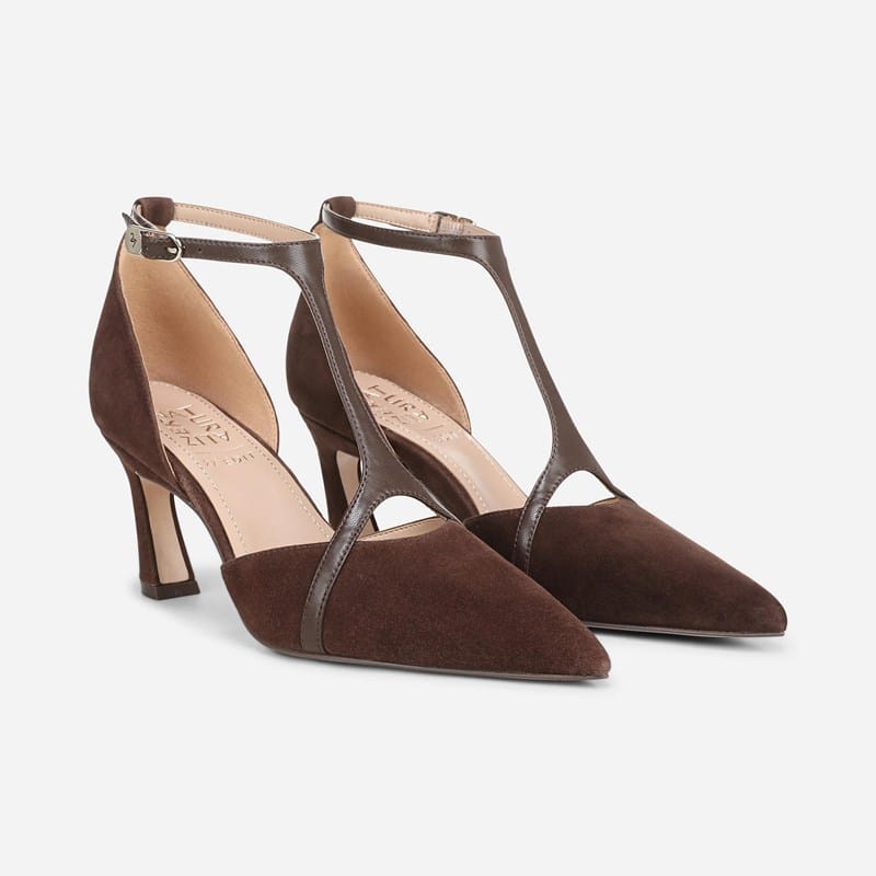 27 EDIT Ezlyn Pump Shoes, Chocolate Brown Suede Leather, 10.0W Strappy Style, Pointed Toe, Ankle Strap, Rubber Outsole