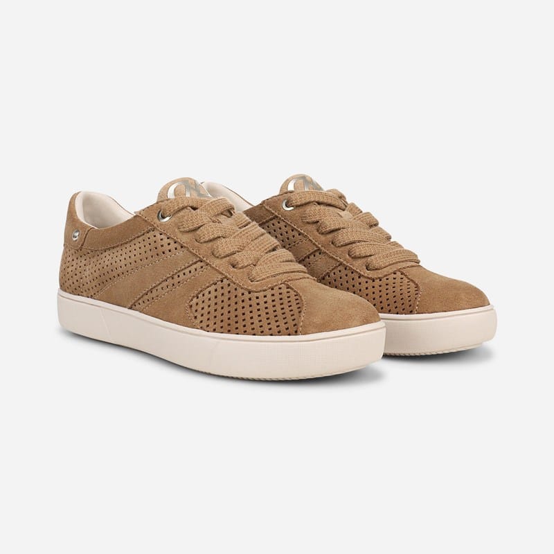 Naturalizer Medina Lace Up Sneaker Shoes, Tan Perforated Suede Leather, 11.0W Round Toe