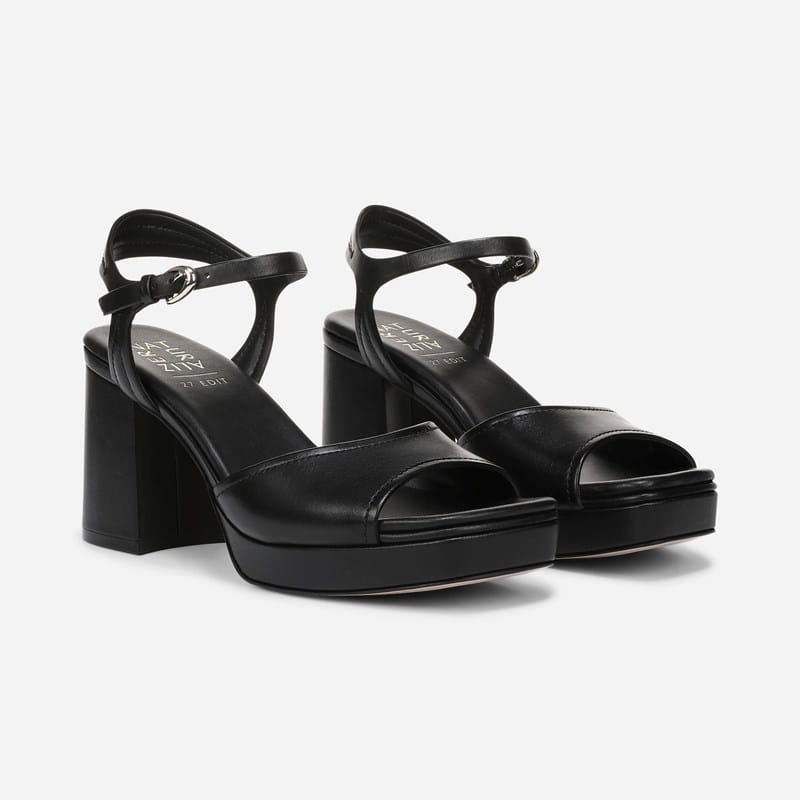 27 EDIT Paige Dress Sandals, Black Leather, Open Toe, Block Heels, Ankle Strap