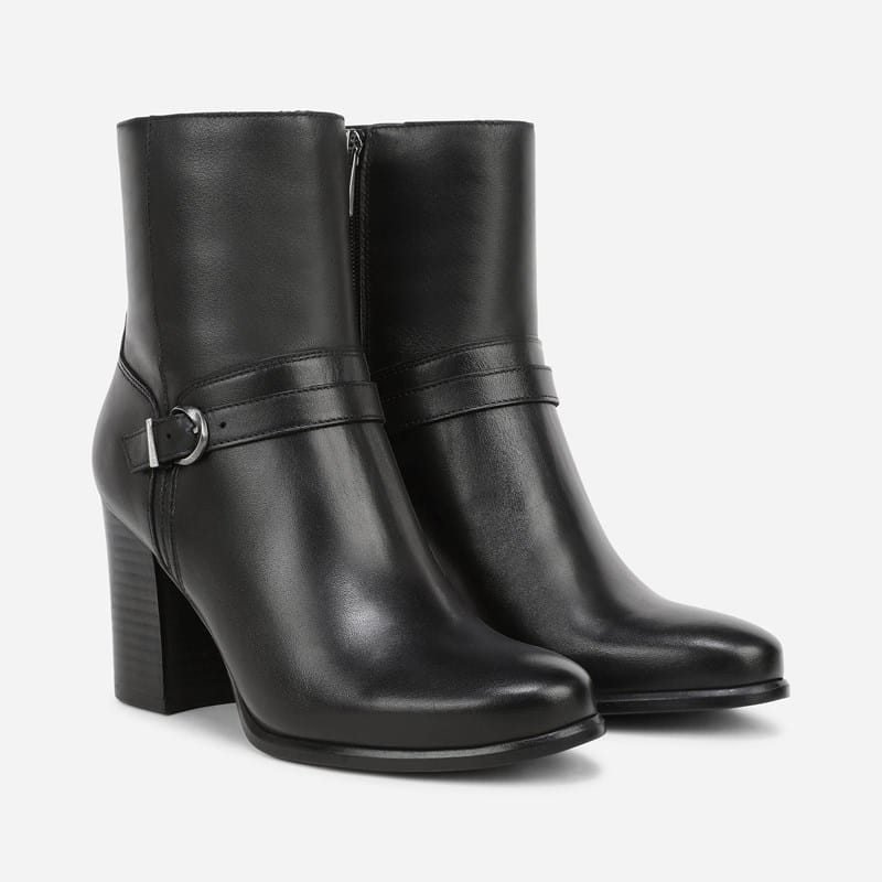 Naturalizer Leighton Ankle Bootie Boots, Black Leather, Round Toe, Block Heels, Strap