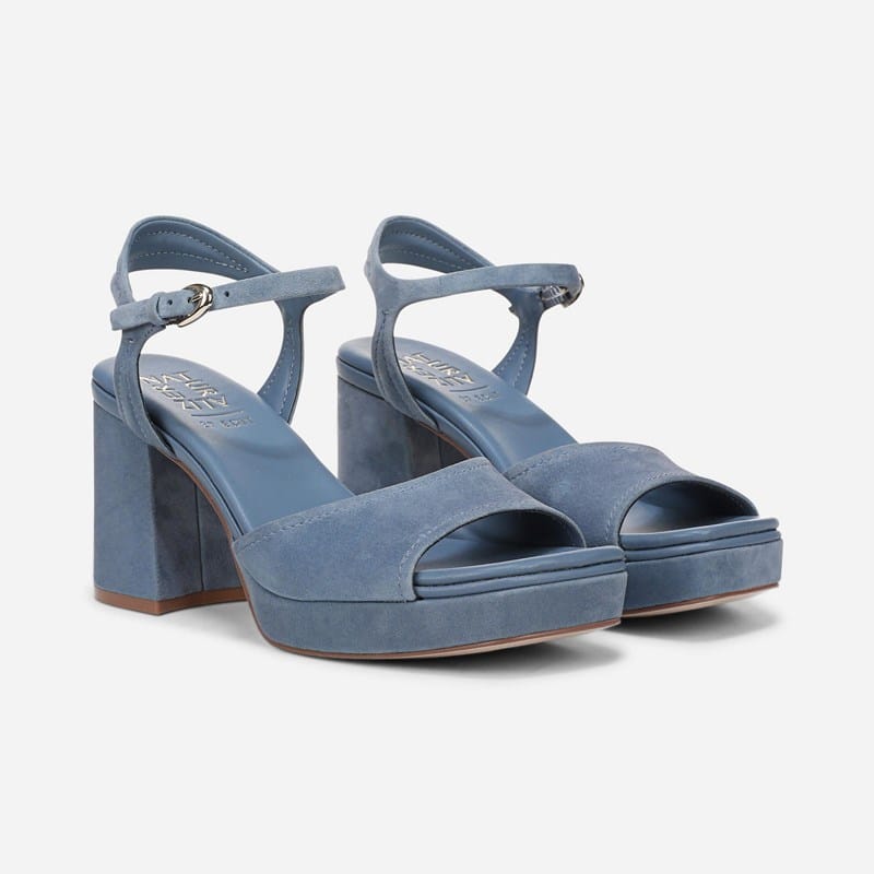 27 EDIT Paige Dress Sandals, Blue Ash Suede Leather, Open Toe, Block Heels, Ankle Strap