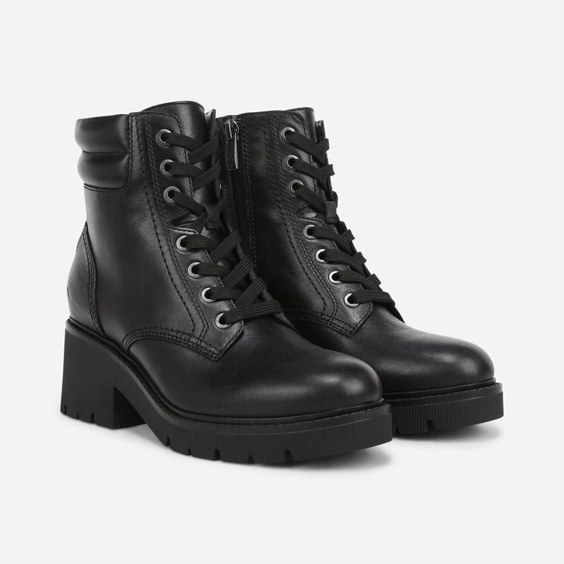Naturalizer Jovani Water Repellent Platform Bootie Boots, Black Leather, Lace-Up Style, Round Toe, Block Heels, Zip Closure