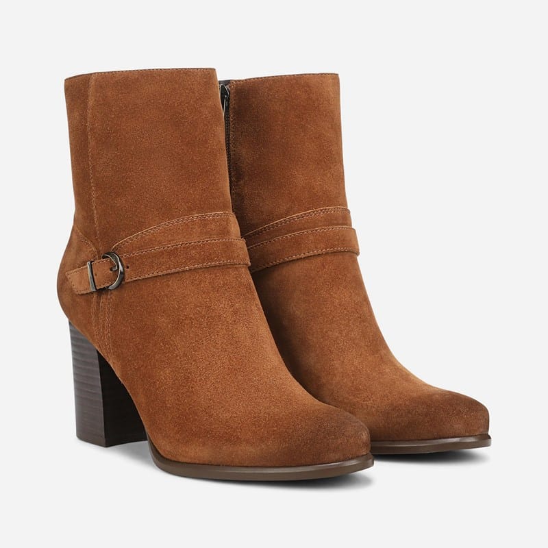 Naturalizer Leighton Ankle Bootie Boots, Dark Chestnut Brown Suede Leather, Round Toe, Block Heels, Strap