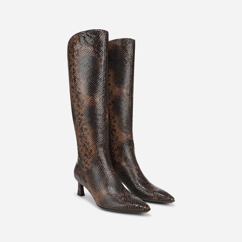 Naturalizer Deesha Wide Calf Knee High Boots, Dark Brown Snake Print Leather, 12.0W Zip Closure, Non-Slip Outsole