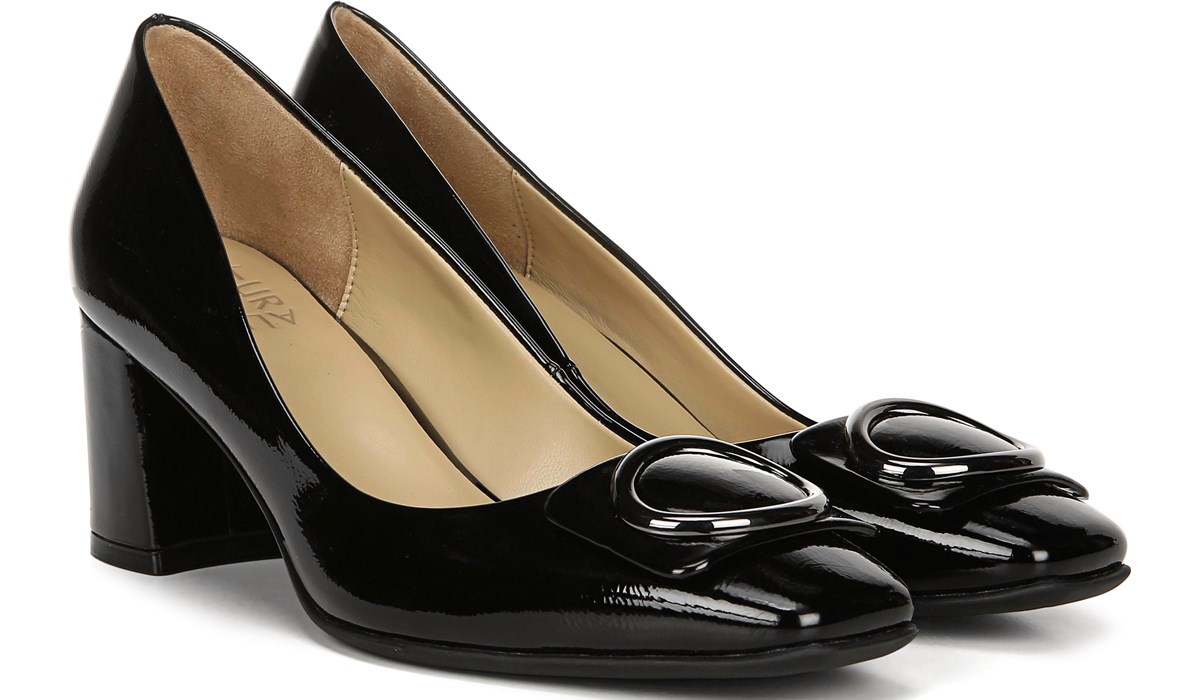 black shiny court heels