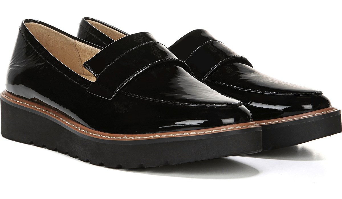 black patent platform loafers