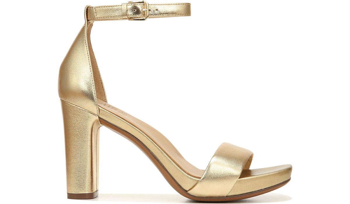 single strap gold heels
