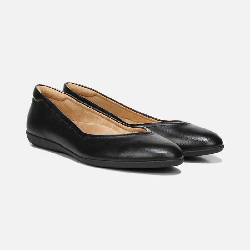 Naturalizer Vivienne Flat Shoes, Black Leather, 6.0M Almond Toe, Non-Slip Outsole