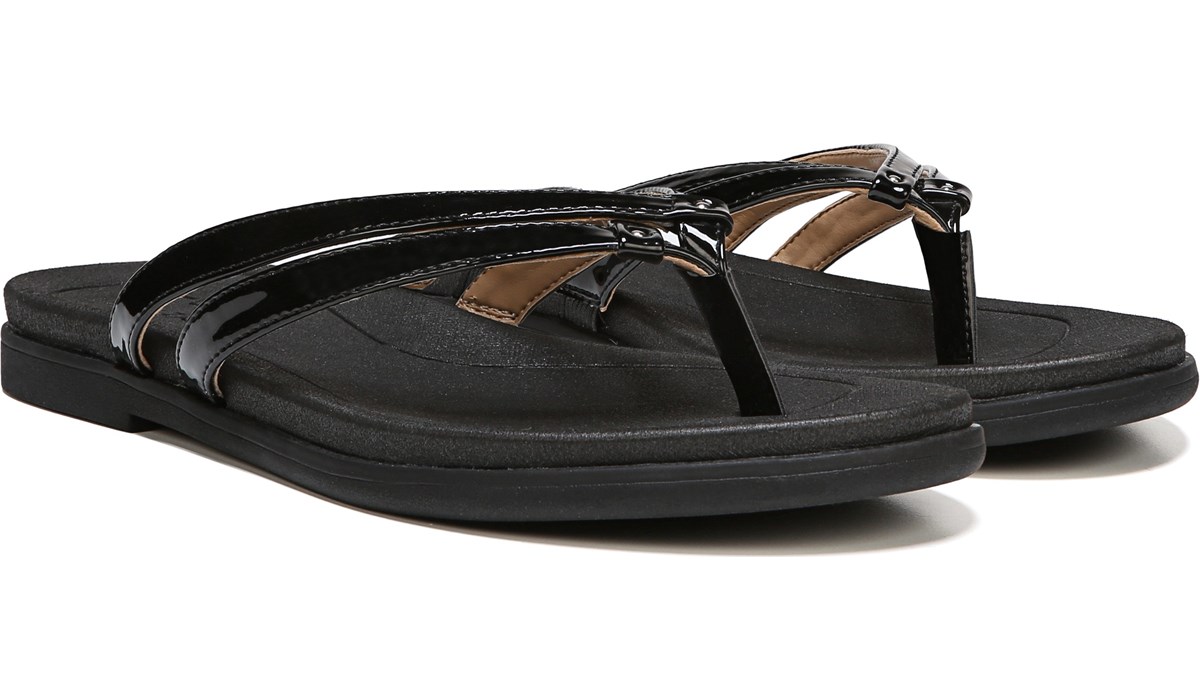 black patent flip flop sandals