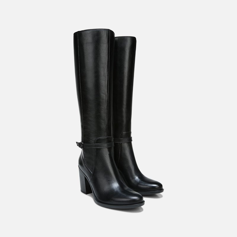 Naturalizer Kalina Wide Calf Knee High Boots, Black Leather, 5.0M Almond Toe, Block Heels, Zip Closure, Non-Slip Outsole