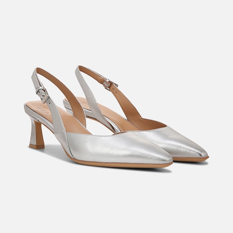 Naturalizer Dalary Slingback Pump Shoes, Silver Leather, 6.0W Dress Heels, Pointed Toe, Strap, Non-Slip Outsole