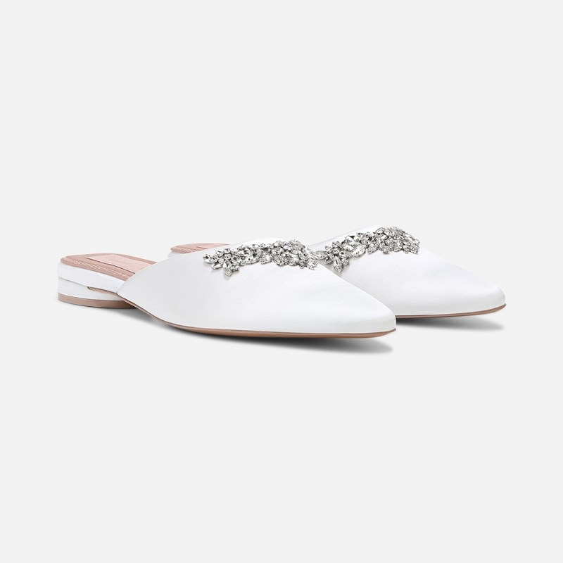 Naturalizer Pyaar Mule Shoes, Silk White Fabric Satin, 5.5M Slip-On Fit, Pointed Toe