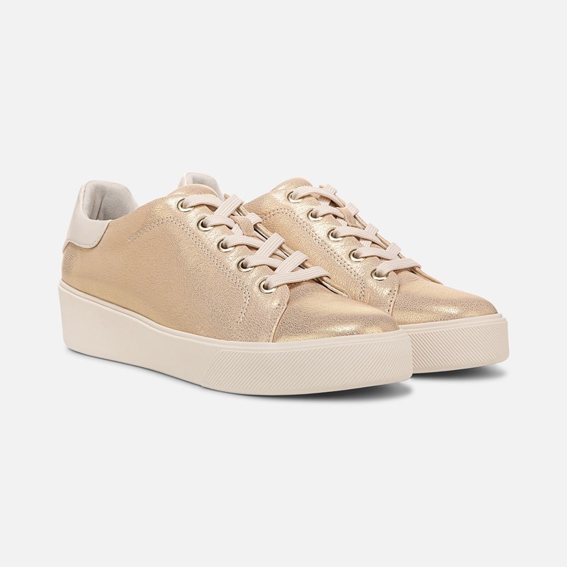 Naturalizer Morrison 2.0 Lace Up Sneaker Shoes, Gold Leather, 10.0M Round Toe, Platform Heel