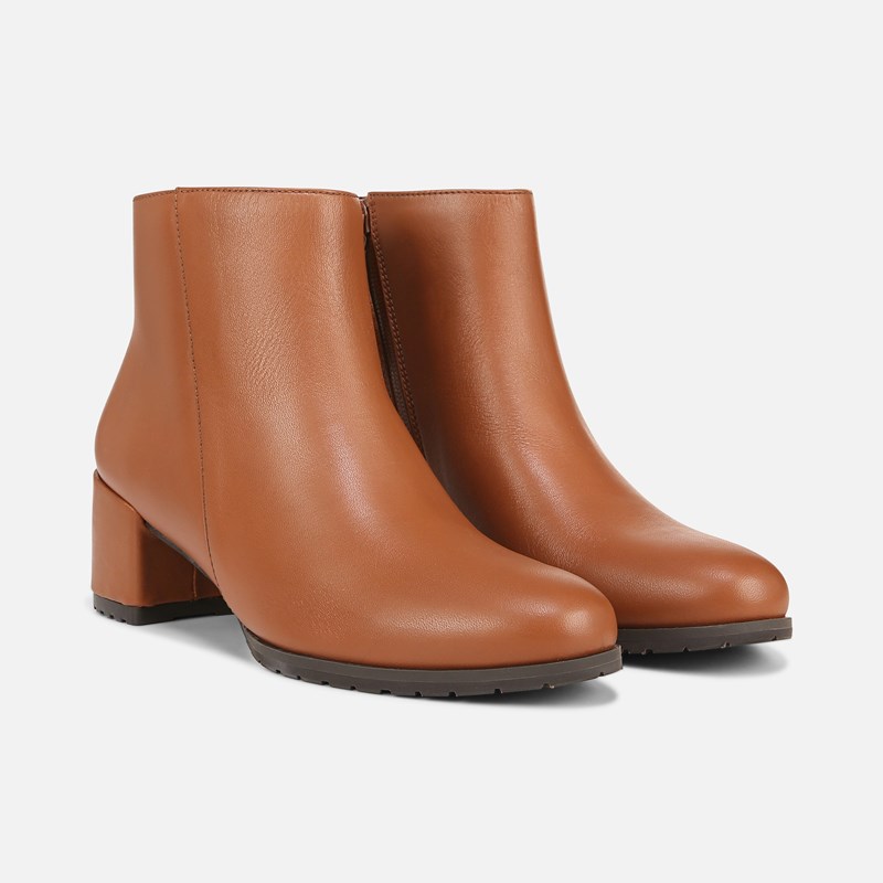Naturalizer Bay Weatherproof Bootie Boots, Cider Spice Brown Leather, 6.5M Round Toe, Block Heels, Zip Closure, Waterproof