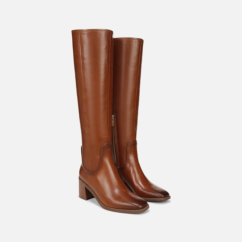 27 EDIT Edda Wide Calf Knee High Boots, Cider Spice Brown Leather, 6.5M Block Heels, Zip Closure, Rubber Outsole