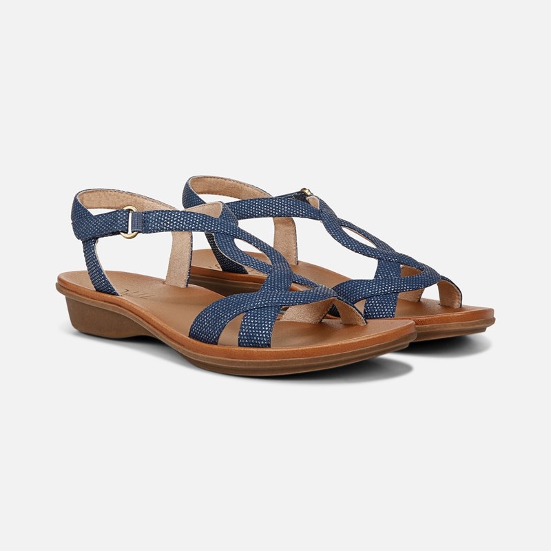Soul Solo Sandals, Blue Synthetic, 7.0W Strappy Style, Round Toe, Ankle Strap