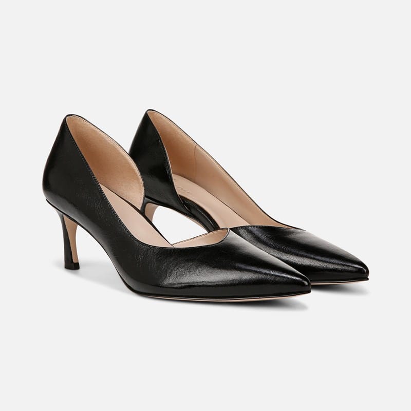 27 EDIT Faith Pump Shoes, Black Leather, 7.0W Dress Heels, Slip-On Fit, Pointed Toe, Rubber Outsole